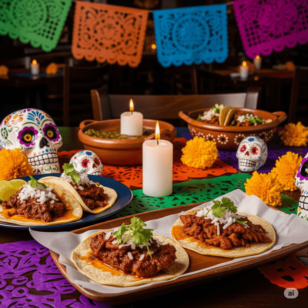 Restaurant interior with Dia de los Muertos decorations